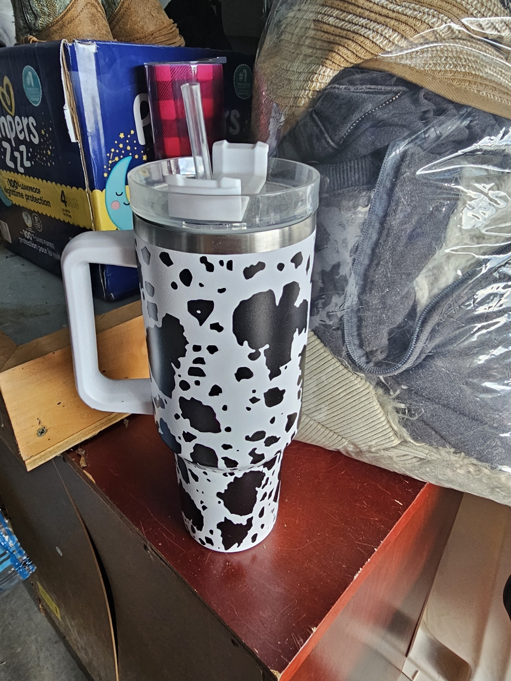 White and Black Cow Print Travel Tumbler with Handle